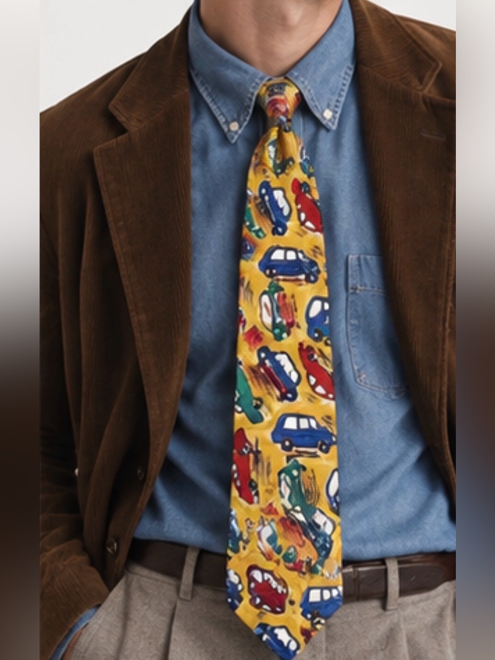 Vintage Keith Daniels silk car tie novelty cartoon teacher fun yellow Americana
